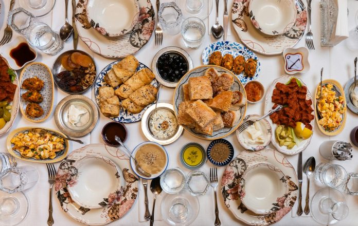 best-brunch-newark-2026 A top-down view of a traditional Turkish feast with assorted dishes and elegant tableware.