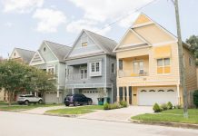 Colorful residential homes in Houston Heights neighborhood, Texas.