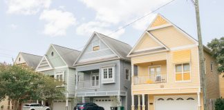 Colorful residential homes in Houston Heights neighborhood, Texas.