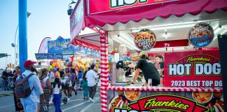 Bustling outdoor fair with a popular hot dog stand and diverse crowd.