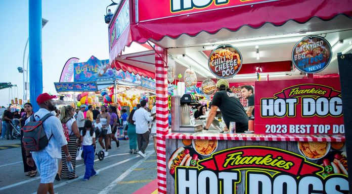 Bustling outdoor fair with a popular hot dog stand and diverse crowd.