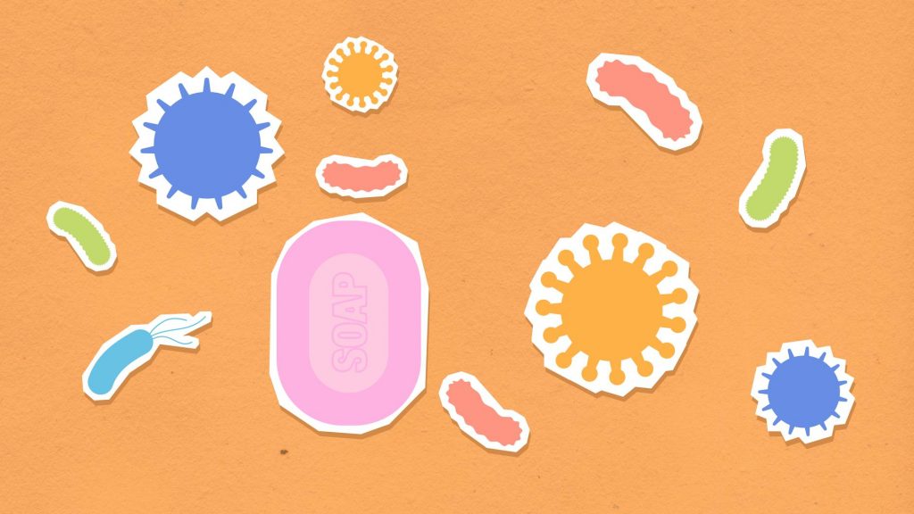 Vibrant illustration of soap and viruses on an orange background, emphasizing hygiene.