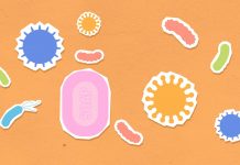 Vibrant illustration of soap and viruses on an orange background, emphasizing hygiene.