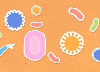 Vibrant illustration of soap and viruses on an orange background, emphasizing hygiene.