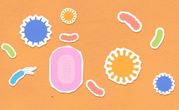 Vibrant illustration of soap and viruses on an orange background, emphasizing hygiene.