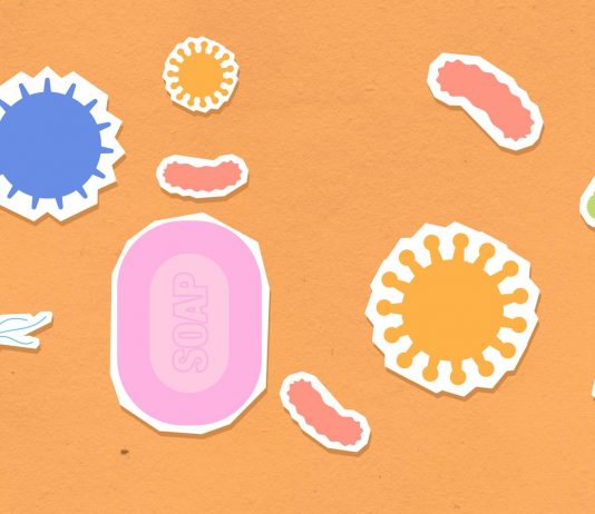 Vibrant illustration of soap and viruses on an orange background, emphasizing hygiene.