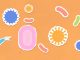 Vibrant illustration of soap and viruses on an orange background, emphasizing hygiene.