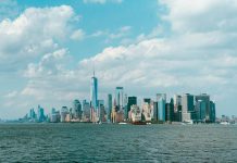 Breathtaking view of Manhattan skyline across the Hudson River on a clear day.