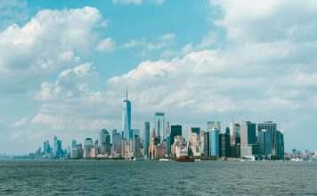 Breathtaking view of Manhattan skyline across the Hudson River on a clear day.