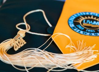 Close-up of a graduation cap featuring a 2024 tassel and a university emblem, symbolizing academic achievement.