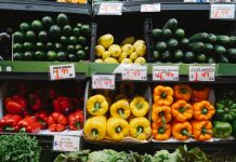 Colorful assortment of fresh vegetables at a supermarket display, highlighting peppers, squash, and cucumbers.