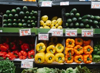 Colorful assortment of fresh vegetables at a supermarket display, highlighting peppers, squash, and cucumbers.