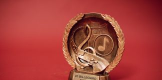 BREAKING: 1888 Studios in Bayonne Wins Major Real Estate Award A close-up of a golden music award trophy against a vibrant red background.