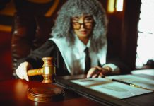 A judge in a courtroom holding a gavel, focused on legal documents.