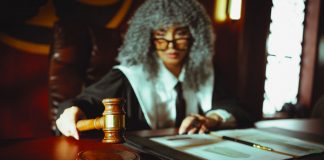 A judge in a courtroom holding a gavel, focused on legal documents.