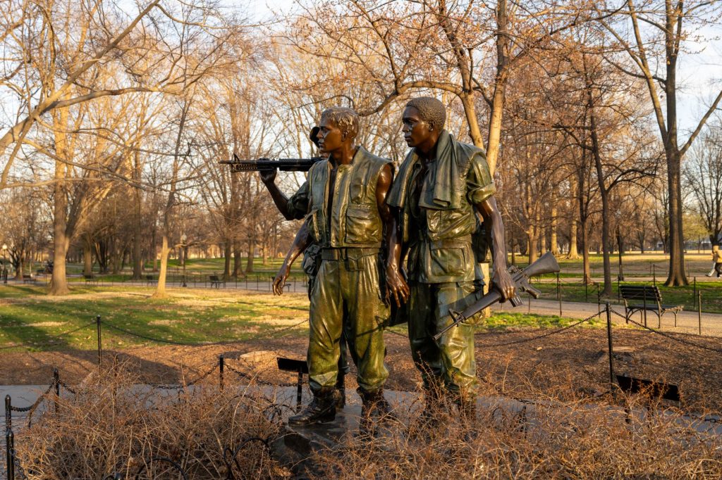 Bronze sculpture of three soldiers at the Vietnam Veterans Memorial in Washington, D.C.