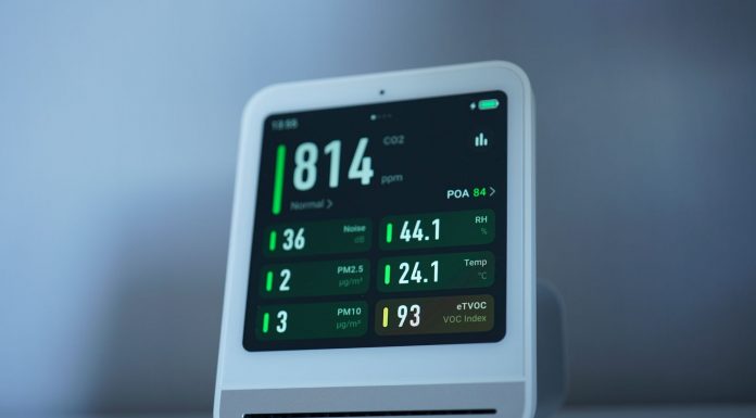A sleek air quality monitor showing CO2 and other air metrics, ideal for smart homes.