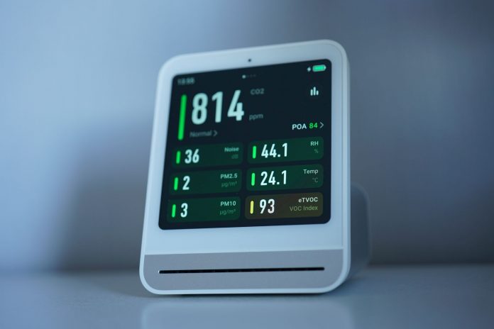 breaking-new-jersey-ranked-third-loudest-state-in- A sleek air quality monitor showing CO2 and other air metrics, ideal for smart homes.
