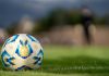 Close-up of an official Argentine soccer ball resting on a green field with a blurred background.