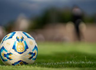 Close-up of an official Argentine soccer ball resting on a green field with a blurred background.