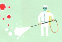 Decorative paper appliques of cleaning person in protective equipment spraying disinfectant during COVID 19 pandemic on green background