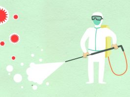 Decorative paper appliques of cleaning person in protective equipment spraying disinfectant during COVID 19 pandemic on green background