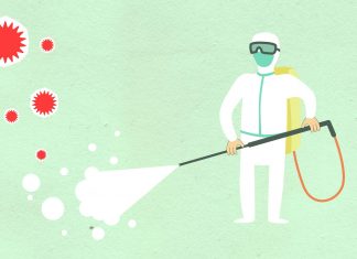 Chikungunya outbreak in China: What Hudson County should know Decorative paper appliques of cleaning person in protective equipment spraying disinfectant during COVID 19 pandemic on green background