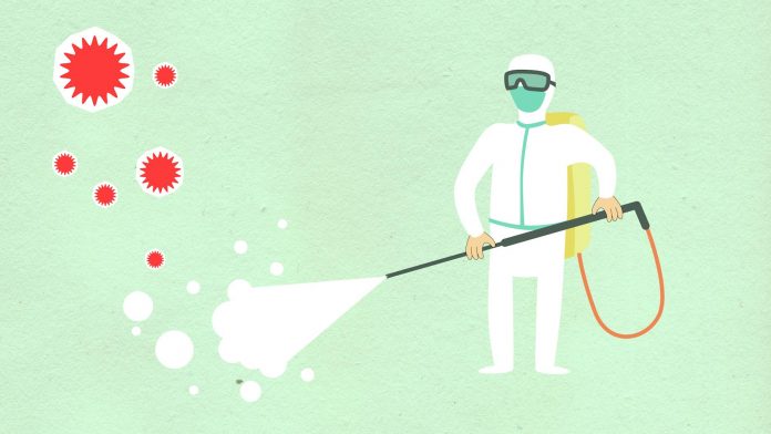 chikungunya-outbreak-in-china-what-hudson-county-s Decorative paper appliques of cleaning person in protective equipment spraying disinfectant during COVID 19 pandemic on green background