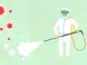Decorative paper appliques of cleaning person in protective equipment spraying disinfectant during COVID 19 pandemic on green background