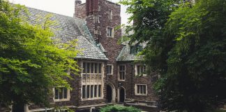 Elegant Gothic architecture of Princeton University surrounded by lush greenery on a summer day.