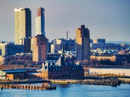 A stunning view of New York City's skyline and waterfront captured in daylight.