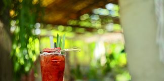 A vibrant strawberry cocktail with pineapple garnish on an outdoor table in sunny garden.