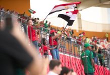 Soccer fans in the stadium wave Egyptian flags, showing their support during a lively sports match.