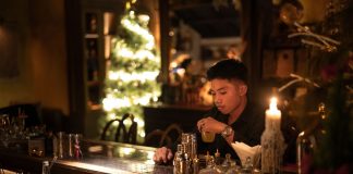 Young man enjoying a drink in a cozy bar with Christmas lights and decor.