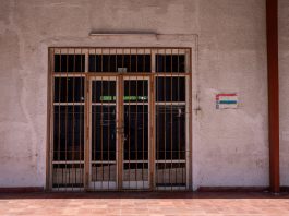 A rustic iron gate in a textured wall with a warning sign, captured in bright daylight.