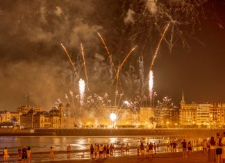 Vibrant fireworks light up the night sky over a bustling waterfront city, captivating an excited crowd below.
