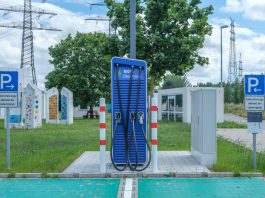 Public charging station with eco-friendly design for electric vehicles.
