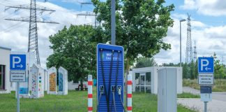 Public charging station with eco-friendly design for electric vehicles.