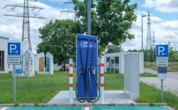 Public charging station with eco-friendly design for electric vehicles.