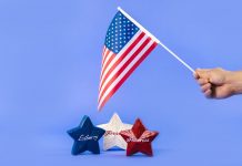 Hand holding American flag with red, white, and blue stars symbolizing liberty and freedom.