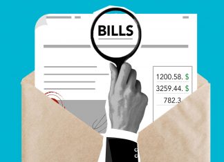 Cutout paper composition of male with magnifier received expensive taxes and payments on blue background