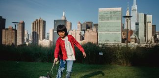 Best Activities for Kids in West New York (2026 Guide) Ethnic child with Yorkshire Terrier on leash preparing to run on meadow against urban skyscrapers