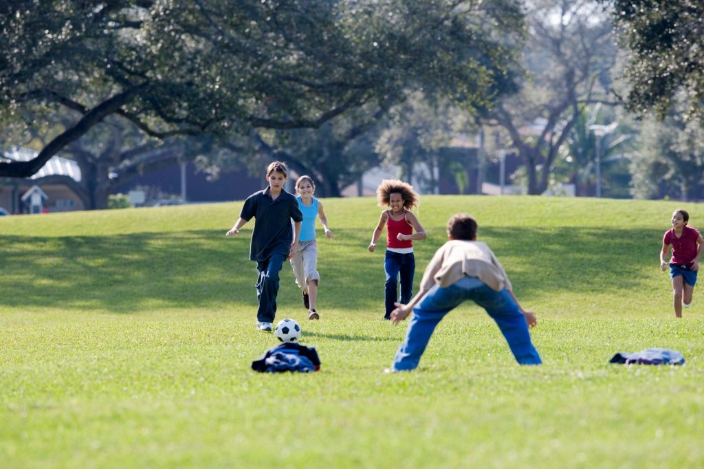 Group of kids enjoying a soccer game on a sunny day in the park.