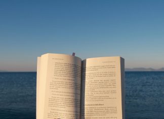 An open book is held by the ocean under the calming sunset sky.