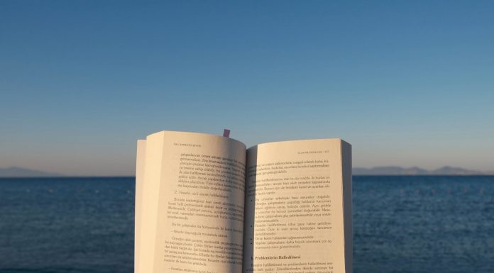 An open book is held by the ocean under the calming sunset sky.