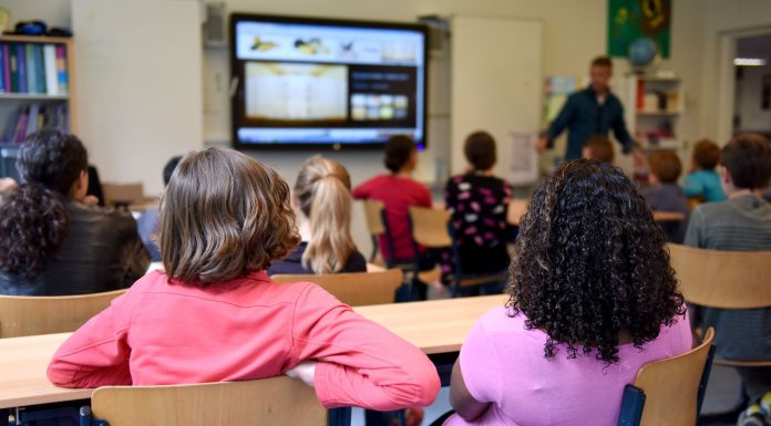 Students attentively watching a lesson on a smart board in a colorful Dutch classroom.