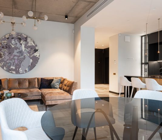 Spacious modern living room with chic decor and open kitchen setup. Perfect for interior design inspiration.