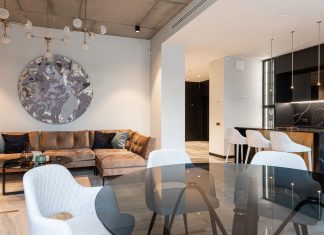 Spacious modern living room with chic decor and open kitchen setup. Perfect for interior design inspiration.
