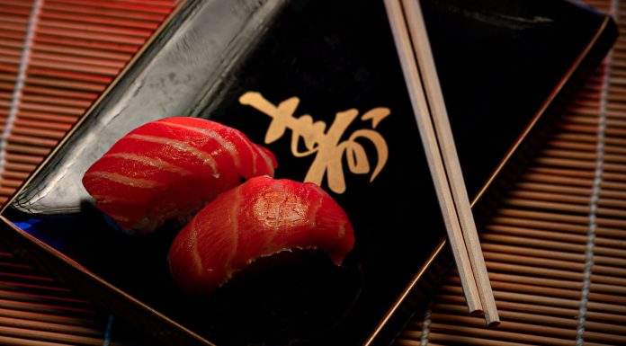 A close-up of two pieces of salmon sushi on a decorative plate with chopsticks.