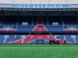 Gardener working on the field at Parc des Princes stadium, Paris. Vibrant and iconic sports venue.